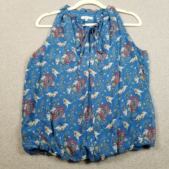 Max Studio Tops - Max Studio Blouse Womens M Medium Blue Floral Tie Neck Sleeveless Bubble Hem Top
